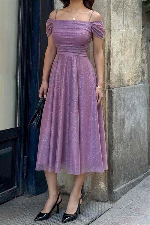 Kadın Lila Simli Carmen Yaka Askılı Midi Boy Abiye Elbise ESR091 