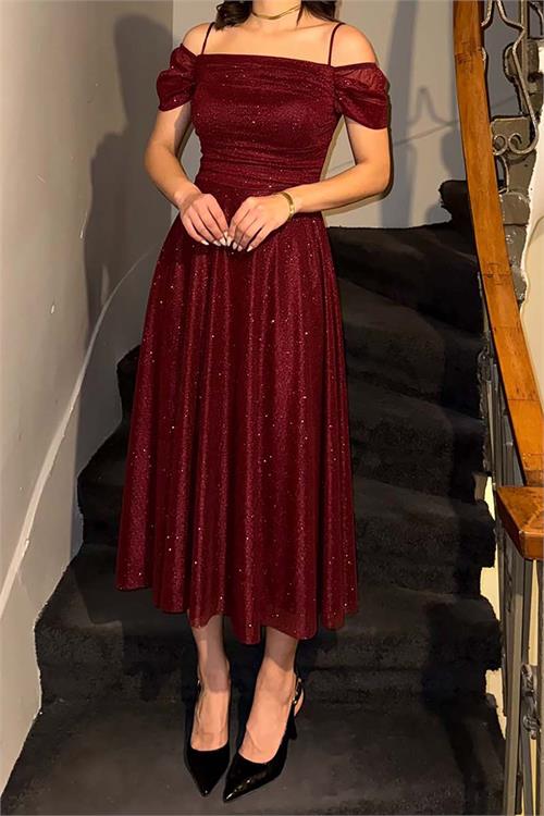 Kadın Bordo Simli Carmen Yaka Askılı Midi Boy Abiye Elbise ESR091 