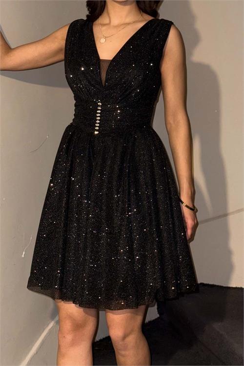 Kadın Siyah Işıltılı V Yaka Mini Boy Abiye & Mezuniyet Elbisesi ESR092 