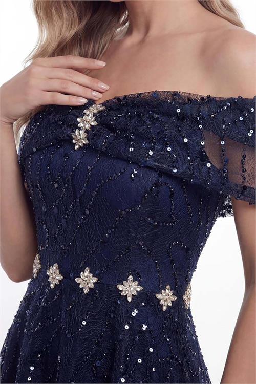 Kadın Lacivert Madonna Yaka Simli Tasarım Abiye & Mezuniyet Elbisesi ESR0102 