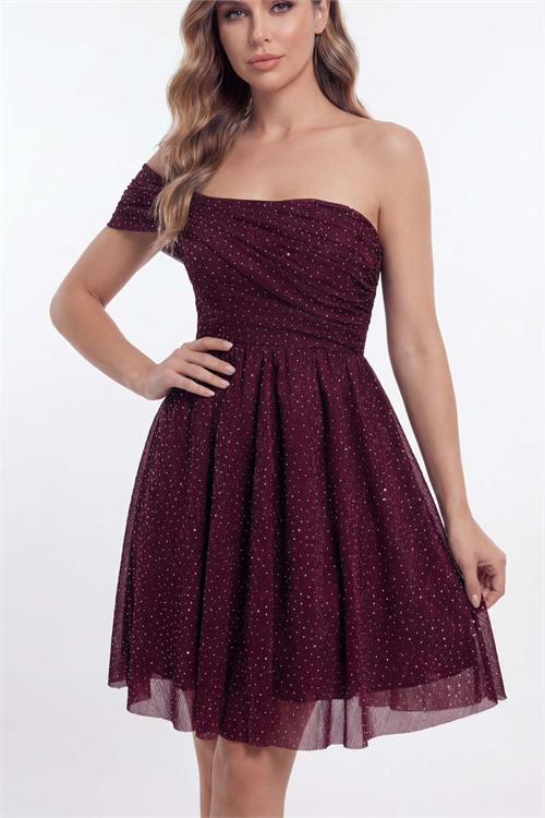 Kadın Bordo Drapeli Tek Omuz Simli Mini Abiye & Mezuniyet Elbisesi ESR0104 