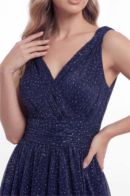 Kadın Lacivert Işıltılı Yırtmaç Dretaylı Maxi Boy Uzun Abiye Elbise ESR0107 