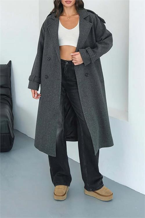 XXL Butik kadın antrasit ithal kumaş kaşe kaban X-NBMYLK26