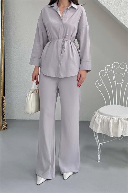Kadın Gri Modal Gömlek Yaka Büzgü Detaylı Pantolon Takım ESR045 