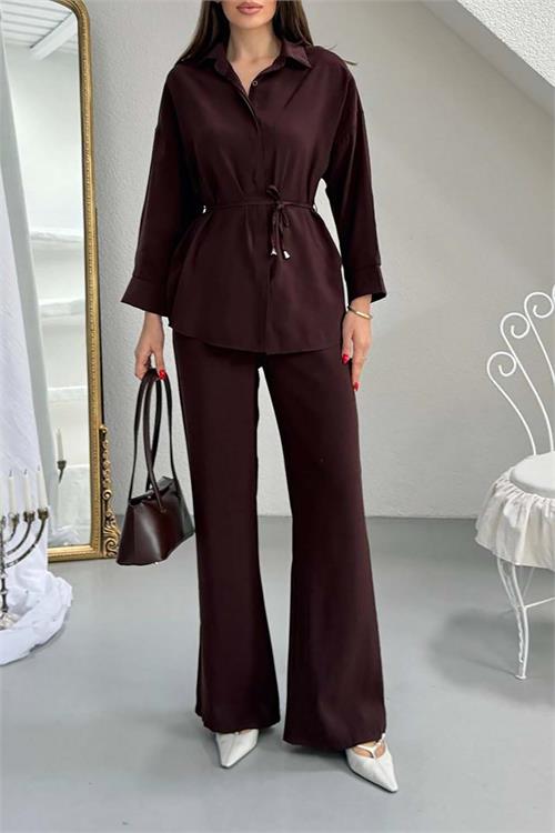 Kadın Acı Kahve Modal Gömlek Yaka Büzgü Detaylı Pantolon Takım ESR045 
