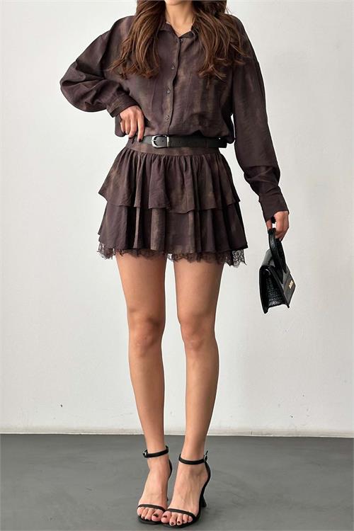 Kadın Kahverengi Gömlek Yaka Etek Takım ESR058 