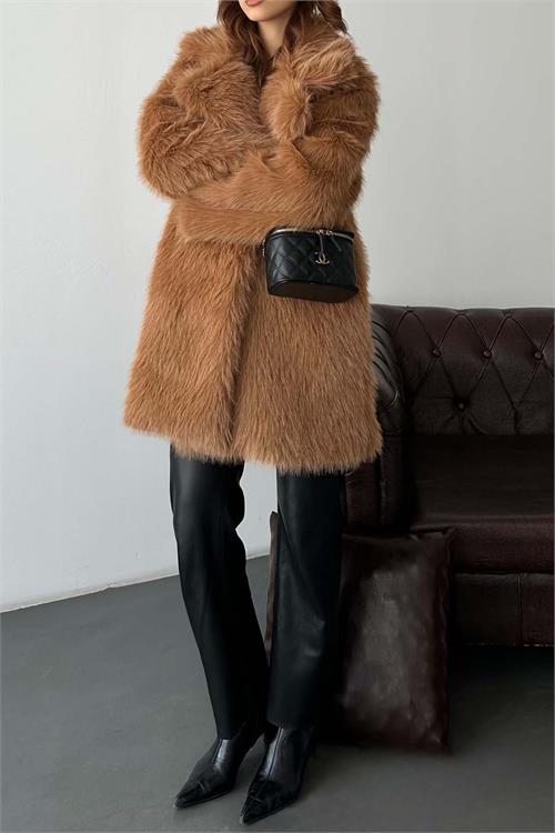 Kadın Taba Kürk Kruvaze Yaka Düğmeli Oversize Mont ESR001 