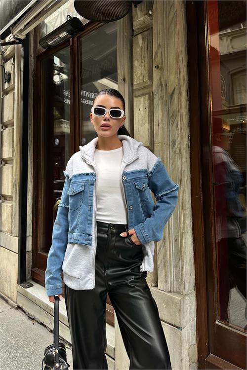 Kadın Mavi Jean Detaylı Kapüşonlu Fermuarlı Sweat Ceket ESR018 