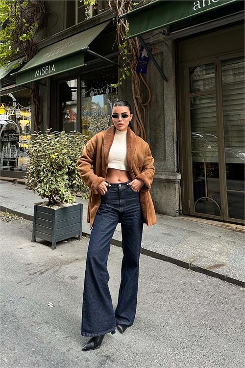 Kadın Kahverengi Süet Görünümlü İçi Kürklü Ceket ESR021 