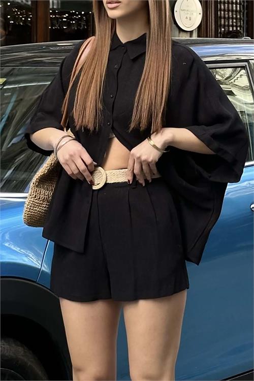 Kadın Siyah Keten Salaş Gömlek Şort Takım ESR037 