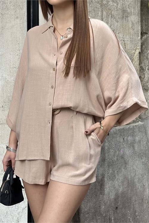 Kadın Pudra Keten Salaş Gömlek Şort Takım ESR037 