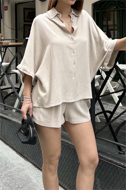 Kadın Bej Keten Salaş Gömlek Şort Takım ESR037 