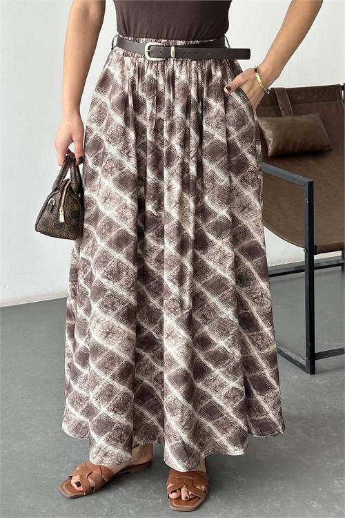 Kadın Desenli Tesettür Uzun Etek Kemer Detaylı ESR060 