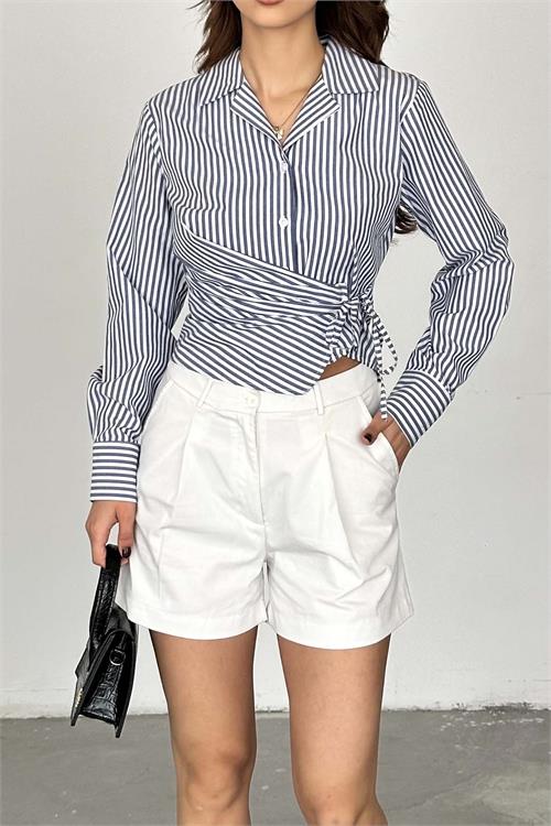 Kadın Çizgili Bağlama Detaylı Kruvaze Gömlek ESR062 