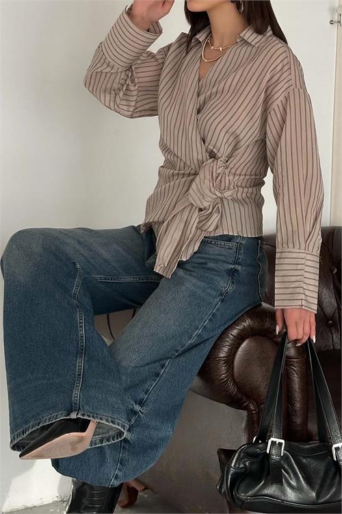 Kadın Vizon Çizgili Kruvaze Bağlama Detaylı Gömlek ESR064 