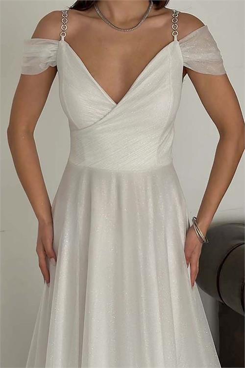 Kadın Beyaz Işıltılı Omuz Detaylı Büyük Beden Abiye Elbise ESR068 