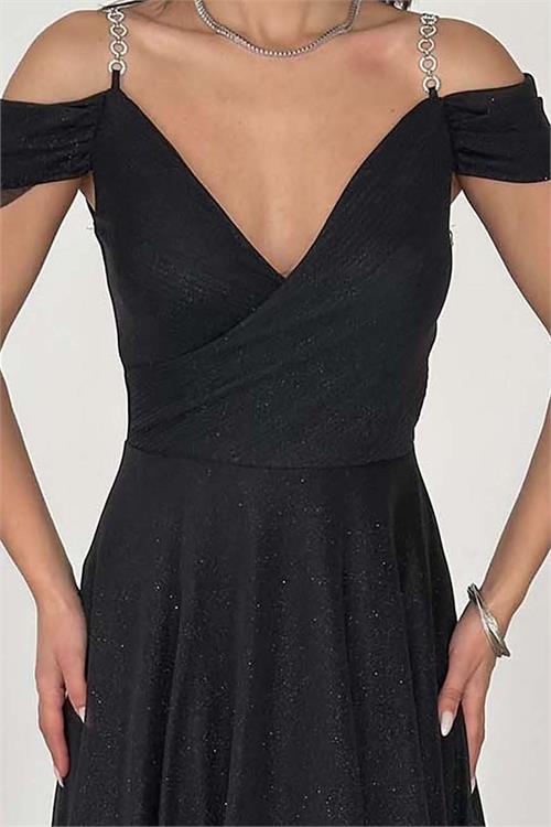 Kadın Siyah Işıltılı Omuz Detaylı Büyük Beden Abiye Elbise ESR068 