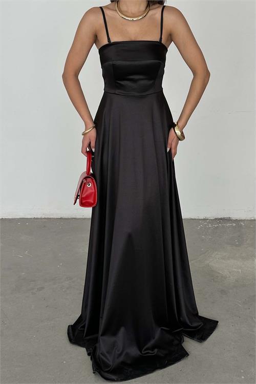 Kadın Siyah Saten Askılı Maxi Boy Kloş Abiye Elbise ESR071 