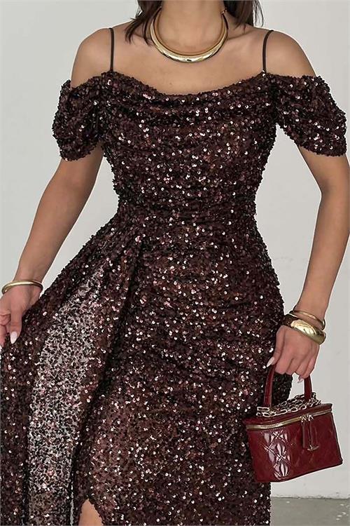 Kadın Kahverengi Pul Payet Kuyruklu Maxi Boy Abiye Elbise ESR072 