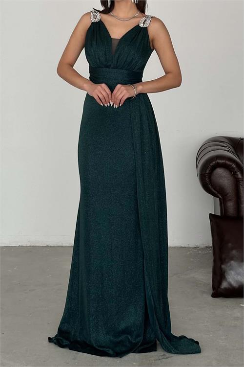 Kadın Zümrüt Yeşili Simli Kumaş Büyük Beden Abiye Elbise ESR073 