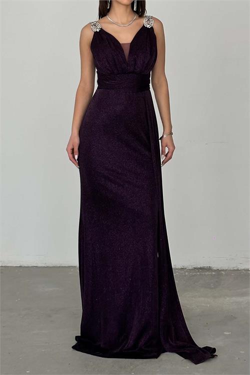 Kadın Mor Simli Kumaş Büyük Beden Abiye Elbise ESR073 