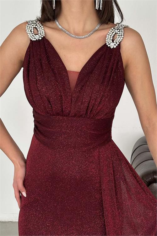 Kadın Bordo Simli Kumaş Büyük Beden Abiye Elbise ESR073 