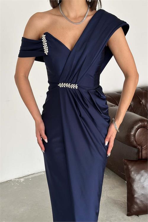 Kadın Lacivert Drapeli Taş Detaylı Tek Omuz Tasarım Abiye Elbise ESR074 