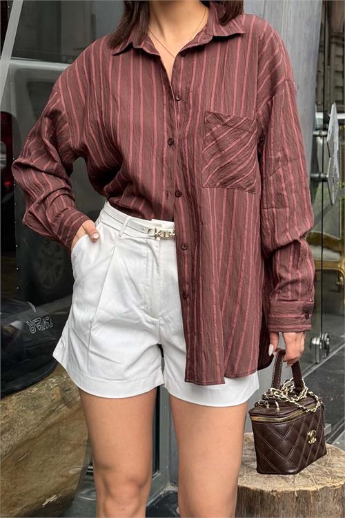 Kadın Kahverengi Çizgili Oversize Gömlek – Günlük Şık Kombin ESR079