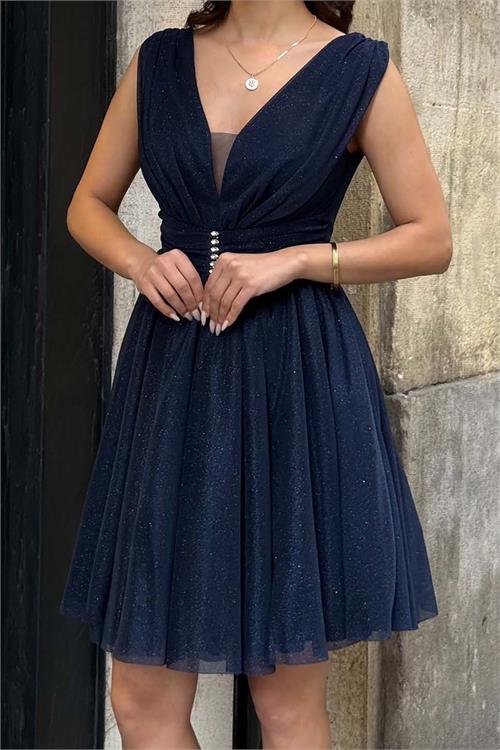 Kadın Lacivert Işıltılı V Yaka Mini Boy Abiye & Mezuniyet Elbisesi ESR092 