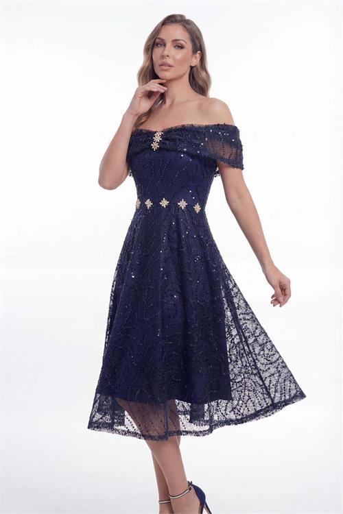 Kadın Lacivert Madonna Yaka Simli Tasarım Abiye & Mezuniyet Elbisesi ESR0102 