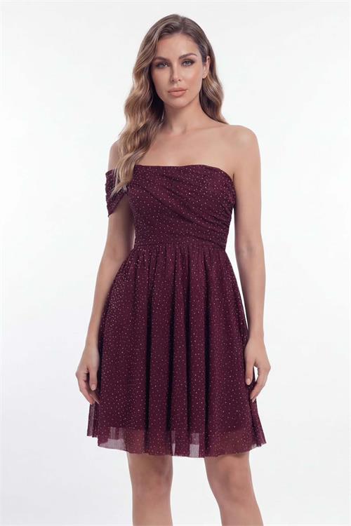 Kadın Bordo Drapeli Tek Omuz Simli Mini Abiye & Mezuniyet Elbisesi ESR0104 