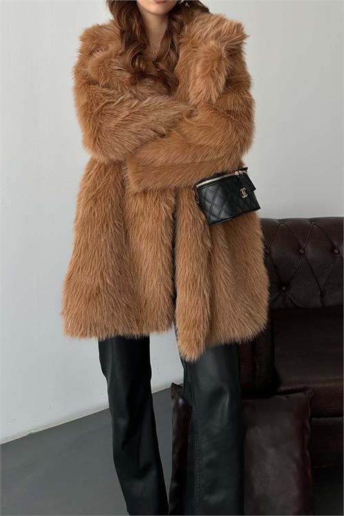 Kadın Taba Kürk Kruvaze Yaka Düğmeli Oversize Mont ESR001 