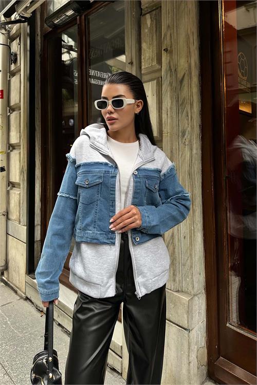 Kadın Mavi Jean Detaylı Kapüşonlu Fermuarlı Sweat Ceket ESR018 