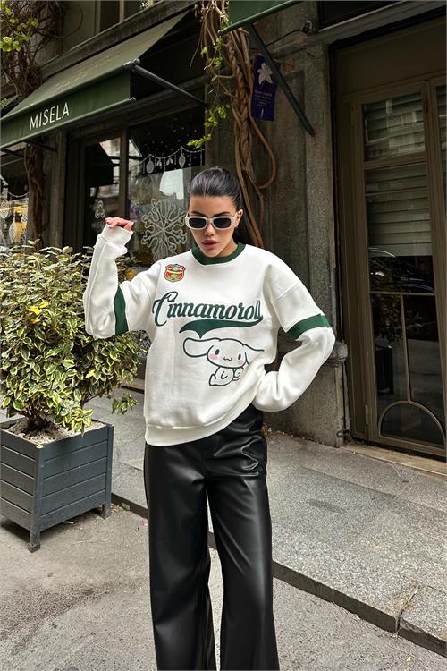 Kadın Ekru Baskılı Oversize Sweatshirt ESR020 