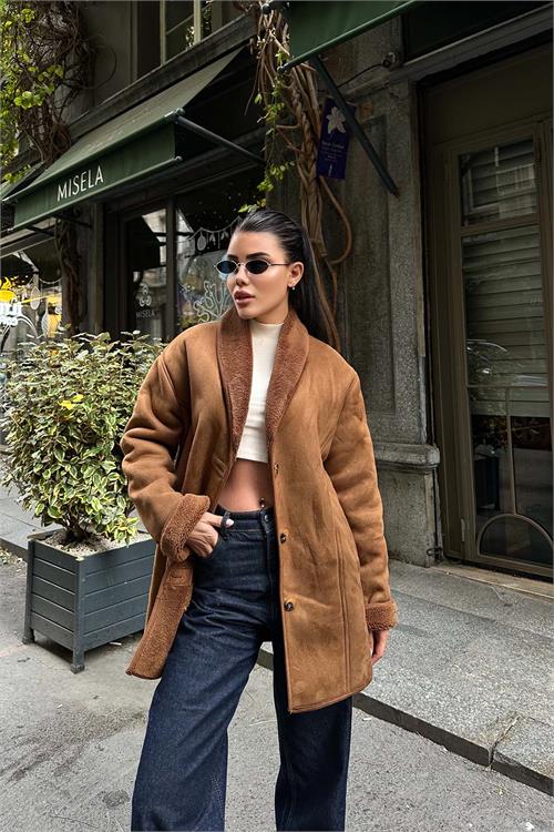 Kadın Kahverengi Süet Görünümlü İçi Kürklü Ceket ESR021 