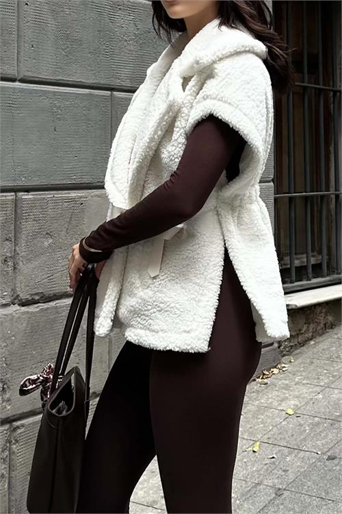 Kadın Ekru Peluş Yelek Kemer Detaylı Oversize ESR026 
