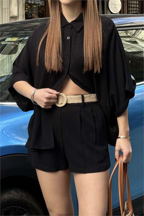 Kadın Siyah Keten Salaş Gömlek Şort Takım ESR037 