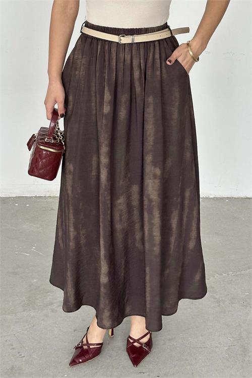 Kadın Kahverengi Tesettür Uzun Etek Kemer Detaylı ESR061 