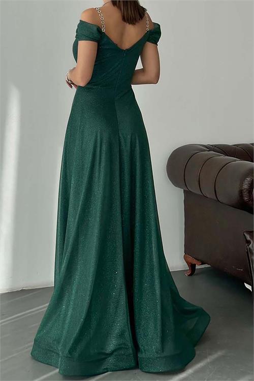 Kadın Zümrüt Yeşili Işıltılı Omuz Detaylı Büyük Beden Abiye Elbise ESR068 