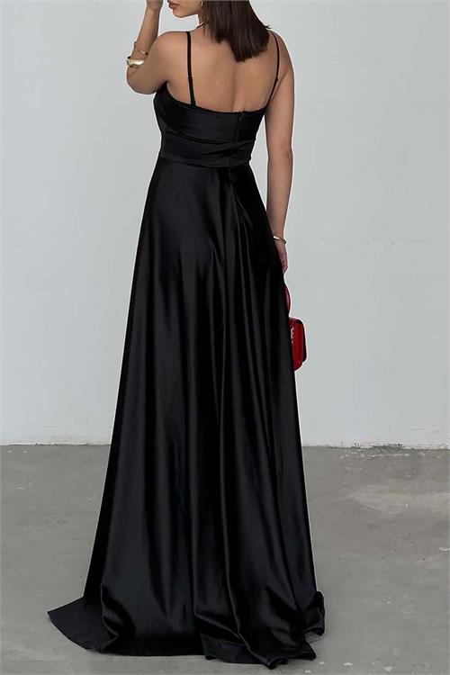 Kadın Siyah Saten Askılı Maxi Boy Kloş Abiye Elbise ESR071 