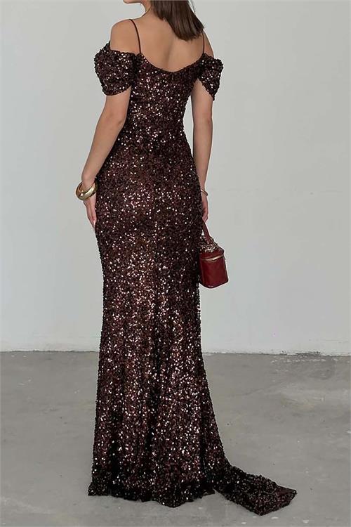 Kadın Kahverengi Pul Payet Kuyruklu Maxi Boy Abiye Elbise ESR072 