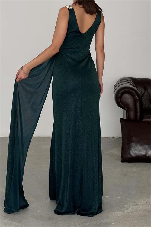 Kadın Zümrüt Yeşili Simli Kumaş Büyük Beden Abiye Elbise ESR073 