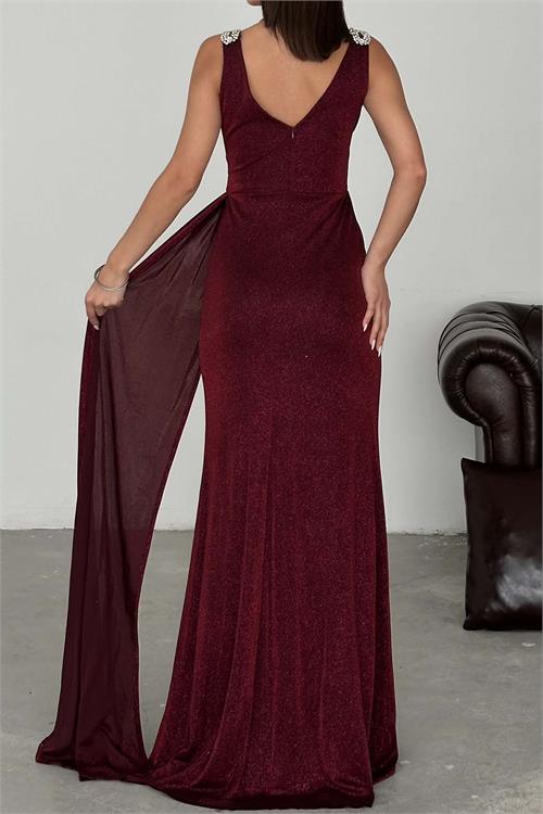 Kadın Bordo Simli Kumaş Büyük Beden Abiye Elbise ESR073 