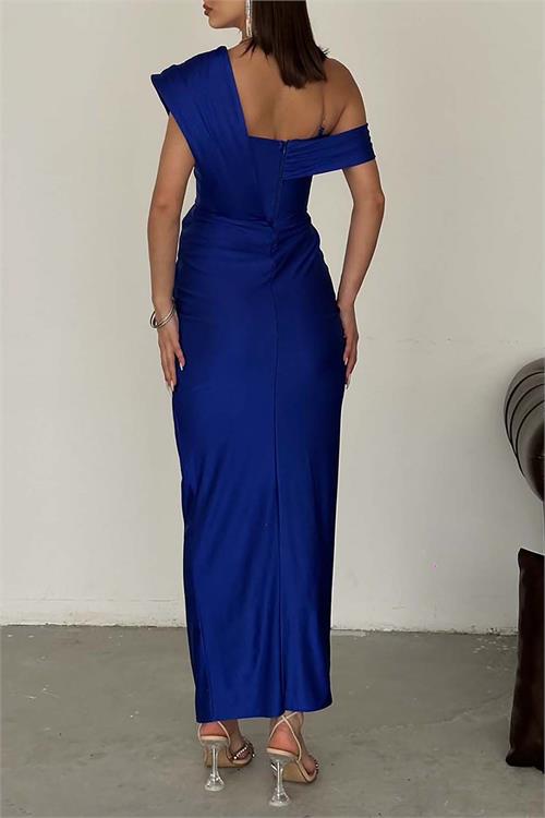 Kadın Saks Drapeli Taş Detaylı Tek Omuz Tasarım Abiye Elbise ESR074 