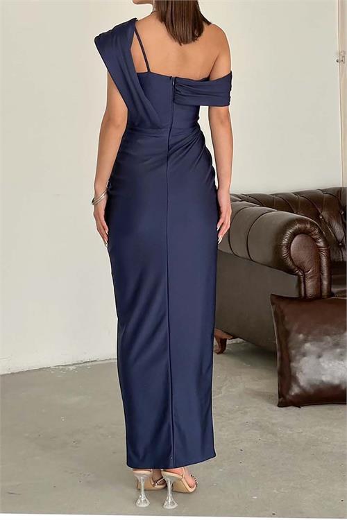 Kadın Lacivert Drapeli Taş Detaylı Tek Omuz Tasarım Abiye Elbise ESR074 