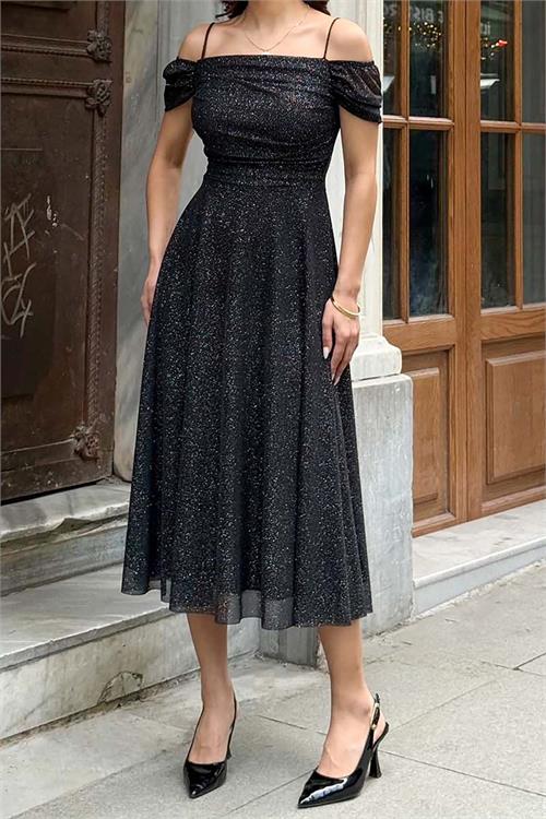 Kadın Siyah Simli Carmen Yaka Askılı Midi Boy Abiye Elbise ESR091 