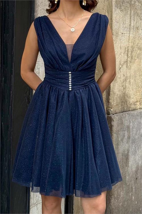 Kadın Lacivert Işıltılı V Yaka Mini Boy Abiye & Mezuniyet Elbisesi ESR092 