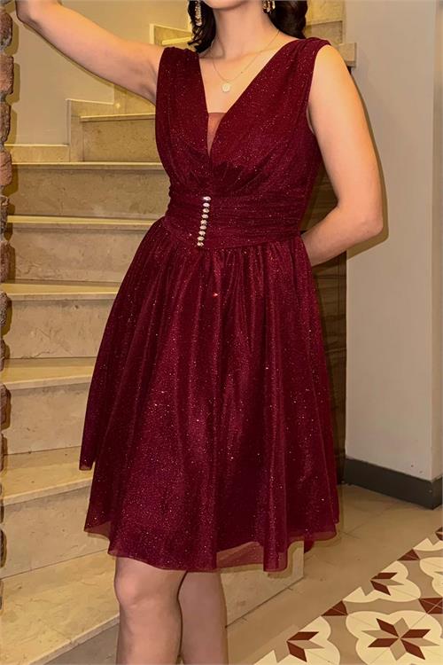 Kadın Bordo Işıltılı V Yaka Mini Boy Abiye & Mezuniyet Elbisesi ESR092 