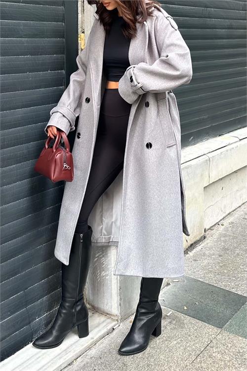 XXL Butik kadın Gri Melanj ithal kumaş kaşe kaban X-NBMYLK26