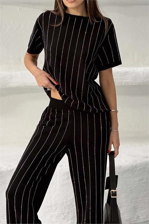 Kadın Siyah Çizgili Taş Detaylı Pantolon Tişört Takım ESR028 
